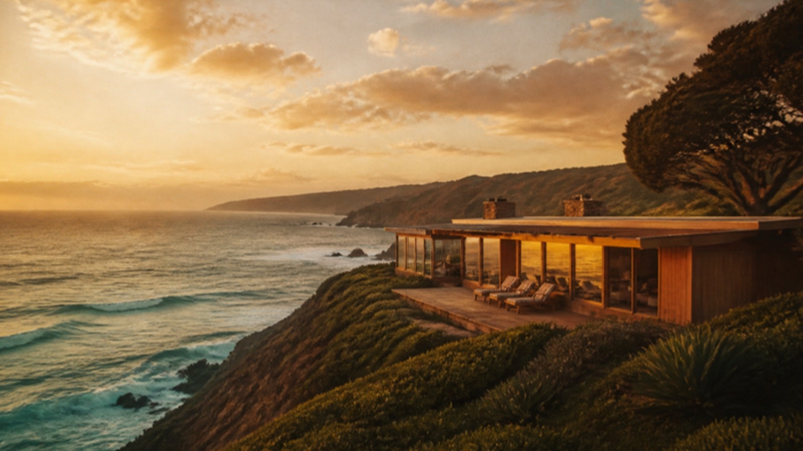 A low cedar ranch house with glowing windows and a deck of lounge chairs, on a grassy cliff above rolling waves at sunset